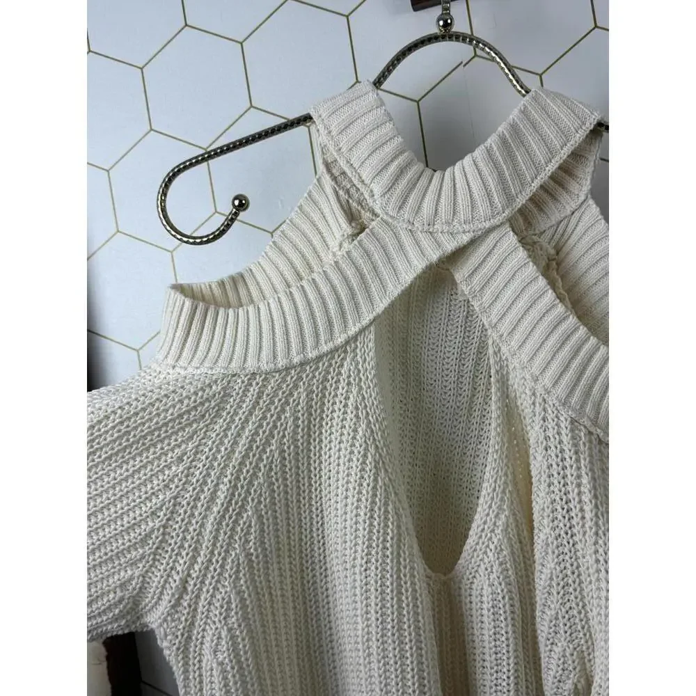Free People Cream Strap Open Shoulder Half Moon Bay Rib Sweater - Size - Small